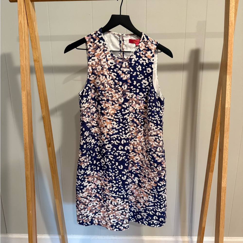 Catherine Malandrino Navy and Blush Floral Print Sleeveless Shift Dress